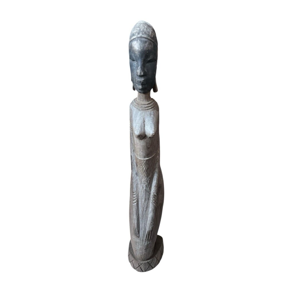 Vintage Hand Carved Woman Figure  Tribal Folk Art Wooden Sculpture 11"